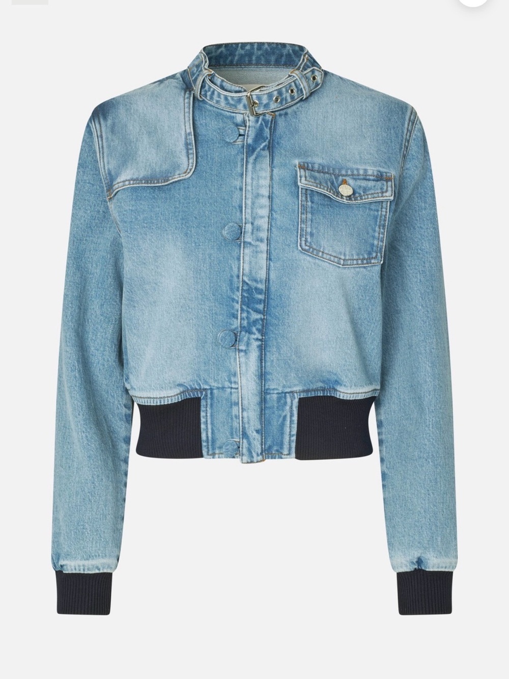 Baum und pferdgarten Light Wash Denim Bomber Jacket with Black Rib Trim size 12